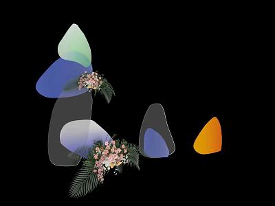 Colorful Geometric Shapes With Pink White Flowers And Green Leaves On Black Background 3d model