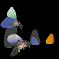 Colorful Geometric Shapes With Pink White Flowers And Green Leaves On Black Background