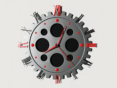 Stylish Gear Shaped Analog Clock With Red Roman Numerals Black Circular Dials And Silver Metallic Frame 3d model