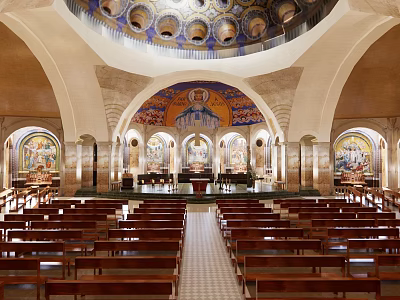 Sacred Church Interior With Dome Mural Altar And Wooden Pews For Worship 3d model