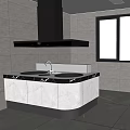 Contemporary Kitchen Interior With White Countertop Double Sinks Gray Tiled Walls And Cabinets