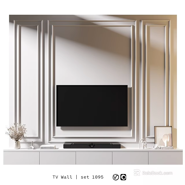 Modern White Paneled TV Wall with Console Table and Decorative Items 3d model 