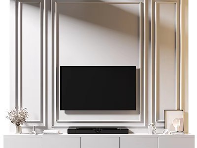 Modern White Paneled TV Wall with Console Table and Decorative Items 3d model