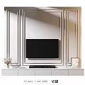 Modern White Paneled TV Wall with Console Table and Decorative Items 3d model