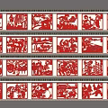 Red Paper Cutting Feature Wall With Traditional Figures And Scenes Patterns Arranged In Rows 3d model