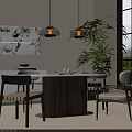 Modern Dining Table Combination With Round Table Chairs Pendant Lights Green Plant And Window View
