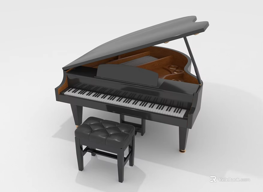 Elegant Black Grand Piano Musical Instrument With Padded Stool And Classic Design 3d model 