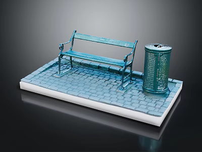 Blue Outdoor Bench with Trash Can on Decorative Brick Platform 3d model