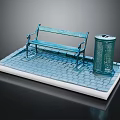 Blue Outdoor Bench with Trash Can on Decorative Brick Platform