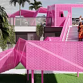 Pink Illuminated Pavilion with Geometric Structure and Spiral Patterns Surrounded by Palm Trees and People