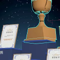 Gold Trophy Surrounded By Certificates And Licenses In Starry Sky 3d model