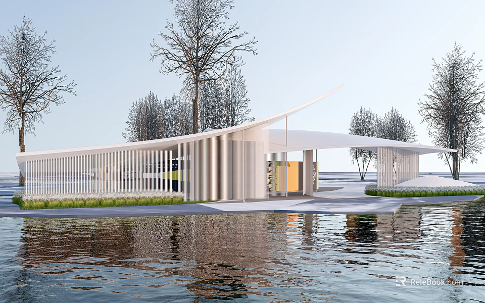 Modern Building Entrance Gate With Waterfront Reflection and Curved Roof Design 3d model 
