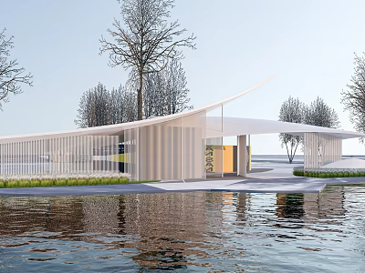 Modern Building Entrance Gate With Waterfront Reflection and Curved Roof Design 3d model