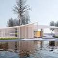 Modern Building Entrance Gate With Waterfront Reflection and Curved Roof Design