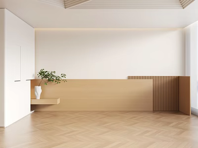 Minimalist Living Space Interior With Herringbone Wooden Floor White Walls And Green Plant Decor 3d model