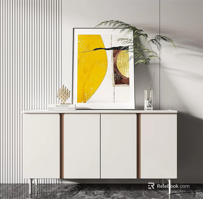 Modern Entryway Console Table With Abstract Artwork Green Plant And Decorative Objects 3d model