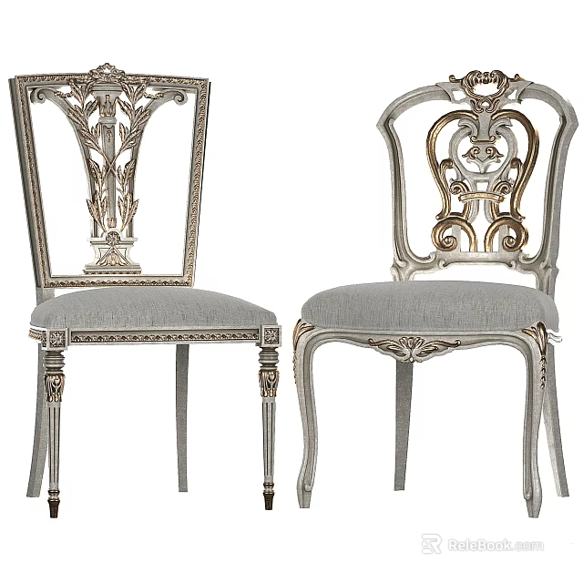 Classic Style Dining Chairs With Intricate Carved Backrests And Gray Upholstered Seats 3d model 