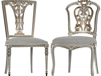 Classic Style Dining Chairs With Intricate Carved Backrests And Gray Upholstered Seats 3d model