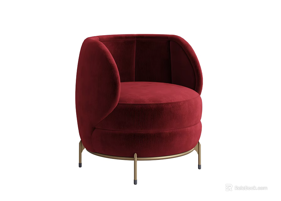 Elegant Red Velvet Single Sofa With Round Shape And Metal Legs 3d model