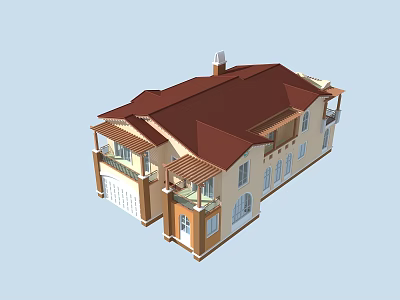 Detached Villa With Red Roof Balconies Garage Chimney And Beige Exterior Design 3d model