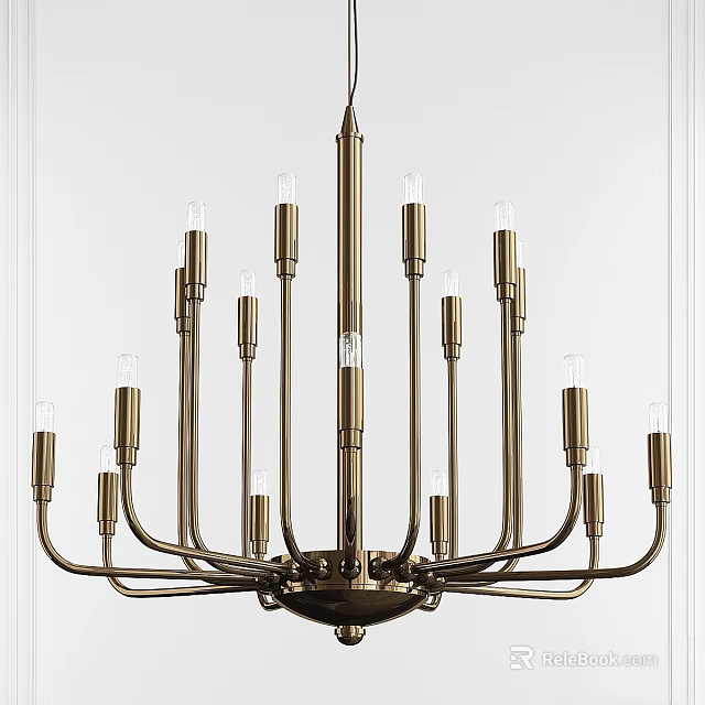 Brass Chandelier Modern Minimalist Style With Multiple Arms And Candle Like Bulbs Interior Lighting Fixture 3d model 