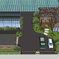 Scenic View of Large Greenhouse Structure With Adjacent Water Pool Small Buildings and Green Plants
