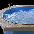 Hexagonal Swimming Pool Sports Equipment Featuring Wooden Deck Metal Ladder and Water Surface Lighting