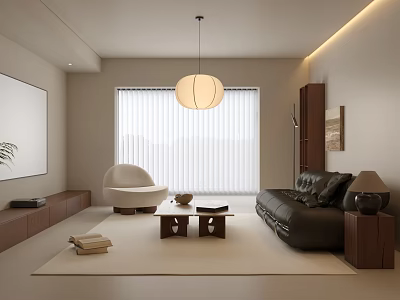 Modern Living Room Interior With Black Leather Sofa White Armchair And Wooden Coffee Table 3d model