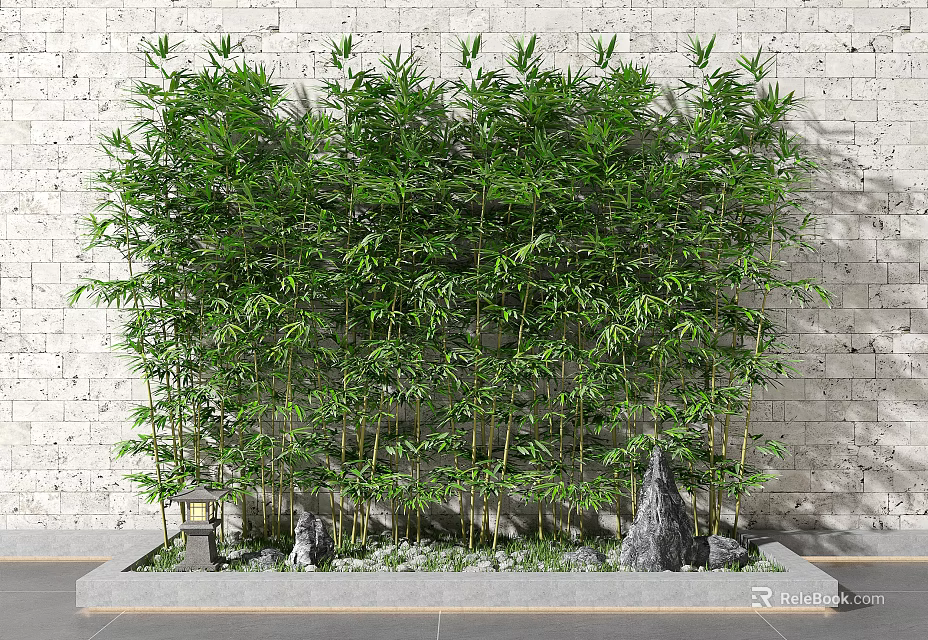 Lush Bamboo Plants With Decorative Stones And Lantern Against White Brick Wall 3d model 