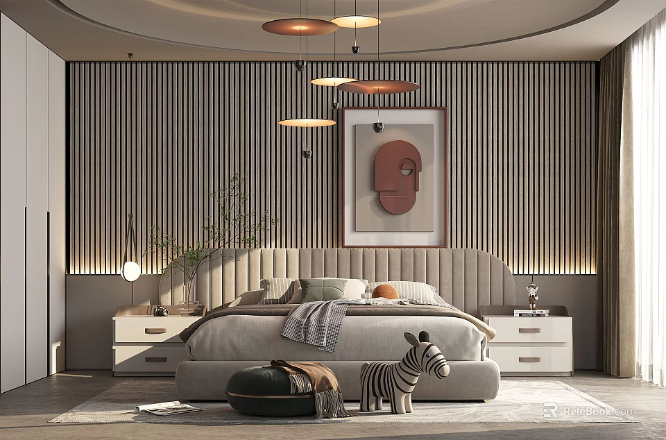 Modern Bedroom Interior With Striped Wall Pendant Lights Decorative Painting And Nightstands 3d model 