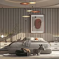 Modern Bedroom Interior With Striped Wall Pendant Lights Decorative Painting And Nightstands