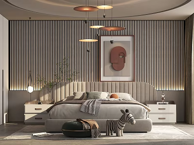 Modern Bedroom Interior With Striped Wall Pendant Lights Decorative Painting And Nightstands 3d model