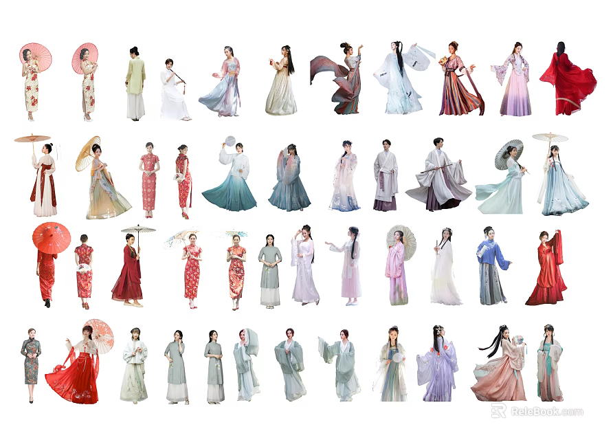 Women In Traditional Costumes With Various Poses And Colorful Attire Styles 3d model 
