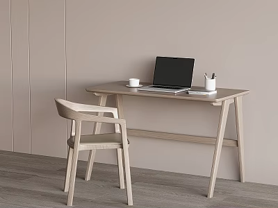 Modern Wooden Desk Interior With Laptop White Cup Pen Holder And Chair 3d model
