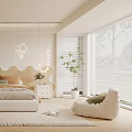 Modern Beige Bedroom With Wave Shaped Headboard Pendant Lights Green Plants Rug And White Wardrobes