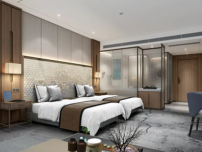 Modern Minimalist Hotel Guest Room With Twin Beds Wooden Decor And Lamps 3d model