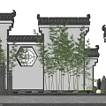 Traditional Chinese Garden Wall With Grey Roof Tiles Hexagonal Window Bamboo And Stone Lantern