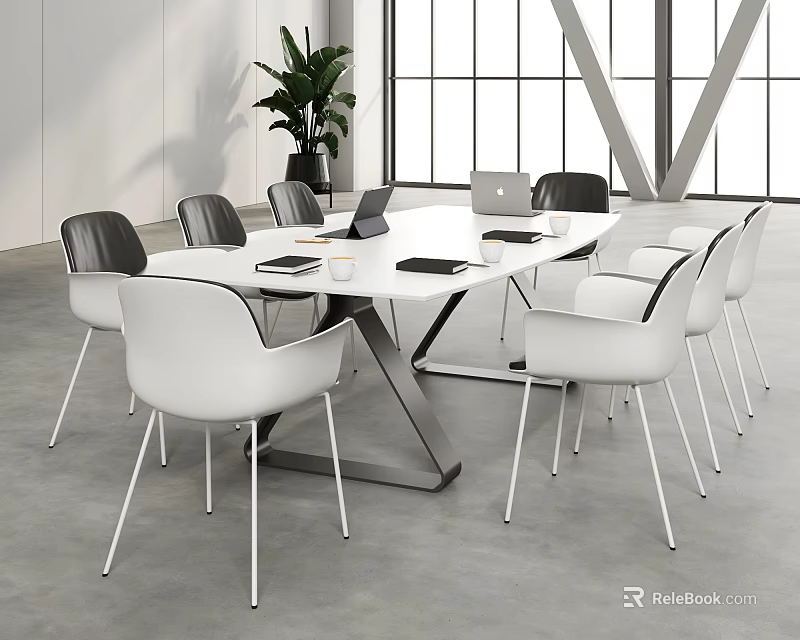 Modern Conference Room Interior With Round Table White Gray Chairs Laptop And Green Plant 3d model 