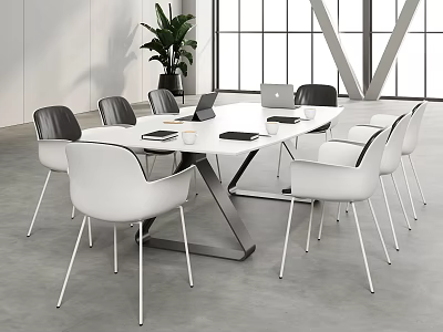 Modern Conference Room Interior With Round Table White Gray Chairs Laptop And Green Plant 3d model