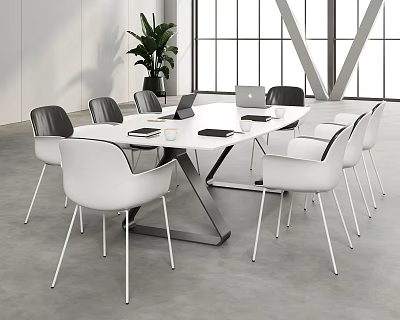 Modern Conference Room Interior With Round Table White Gray Chairs Laptop And Green Plant 3d model