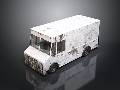 Old White Rusty Food Truck On Black Background With Reflection 3d model