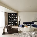 Modern Living Dining Room Interior With Blue Sofa Bookshelf And Round Coffee Table