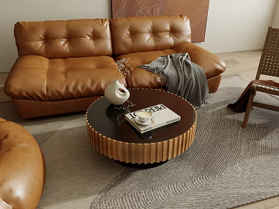 Brown Leather Sofa and Round Coffee Table Set with Magazines Vase on Patterned Rug 3d model