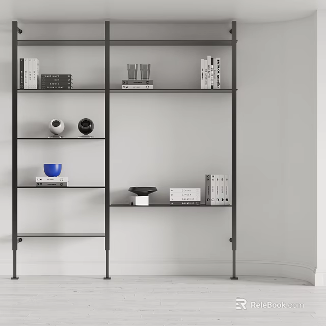 Modern Metal Frame Shelving Unit With Glass Shelves Books And Decorative Items 3d model 