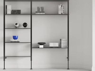 Modern Metal Frame Shelving Unit With Glass Shelves Books And Decorative Items 3d model