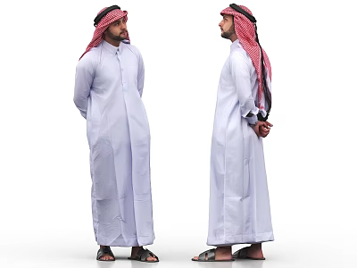 Man In Traditional Thobe With Red White Keffiyeh Standing Full Length 3d model