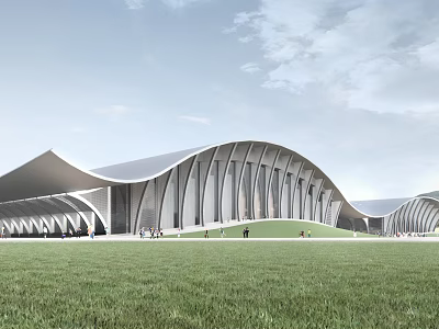 Modern Museum Building With Curved Roof White Gray Exterior Green Lawn And People Walking 3d model