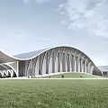Modern Museum Building With Curved Roof White Gray Exterior Green Lawn And People Walking