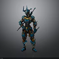 Sci Fi Warrior Character In Blue And Orange Mechanical Armor With Spiked Helmet And Weapons
