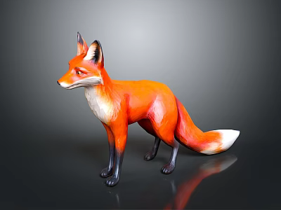 Realistic Orange White Fox Statue With Black Legs On Dark Shiny Background 3d model